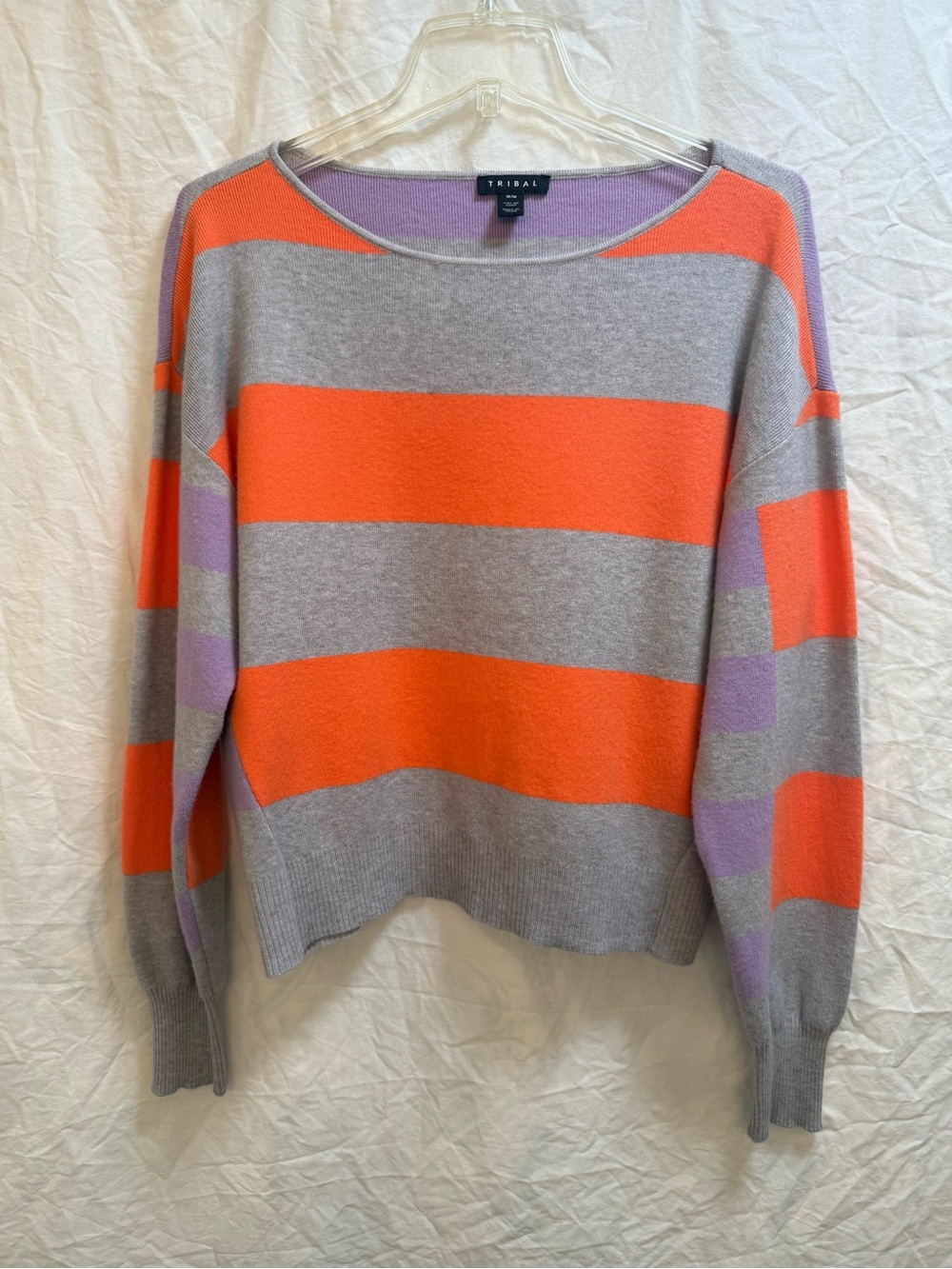 Ladies TRIBAL Striped Crewneck Sweater — Gray, Orange & Lavender. Size Medium.